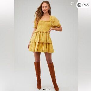 CLEOBELLA LUNA SMOCKED MINI DRESS CAMELLIA YELLOW 100%ORGANIC COTTON SIZE XL